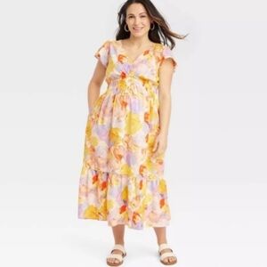 Ingrid & Isabel Floral Midi Dress Yellow Blue Orange Watercolor Ruffle Size XXL